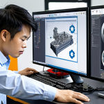 **

A Vietnamese mechanical engineer confidently using SolidWorks at a modern workstation, designing a complex machine part. The office is bright and professional, with blueprints and technical documents visible in the background. Focus on demonstrating proficiency and a dynamic work environment.

**