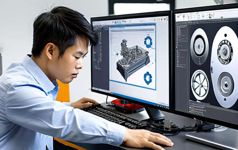 **
A Vietnamese mechanical engineer confidently using SolidWorks at a modern workstation, designing a complex machine part. The office is bright and professional, with blueprints and technical documents visible in the background. Focus on demonstrating proficiency and a dynamic work environment.
**