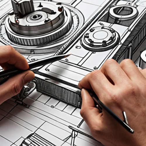 Home 6 ** A mechanical engineer sketching a complex machine part by hand, with drafting tools scattered around. The sketch is detailed, showing different line weights and annotations. Focus on the hands and the concentration on the engineer's face.
**
