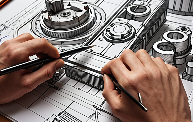** A mechanical engineer sketching a complex machine part by hand, with drafting tools scattered around. The sketch is detailed, showing different line weights and annotations. Focus on the hands and the concentration on the engineer's face.
**