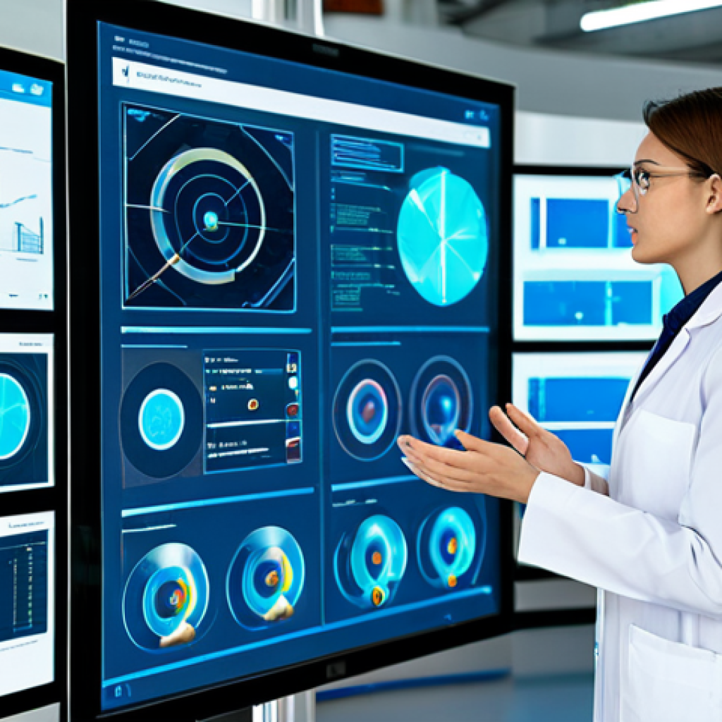A professional female engineer in a modest lab coat, standing in a futuristic, well-lit industrial research and development lab. She is looking at and interacting with large, transparent holographic screens that display complex 3D models of mechanical parts, real-time sensor data, and AI-driven predictive analytics charts. The background shows advanced monitoring equipment. The image emphasizes digital transformation, IoT, and artificial intelligence in quality management. Perfect anatomy, correct proportions, natural pose, well-formed hands, proper finger count, natural body proportions, professional photography, high quality, fully clothed, appropriate attire, modest clothing, safe for work, appropriate content, professional, family-friendly.