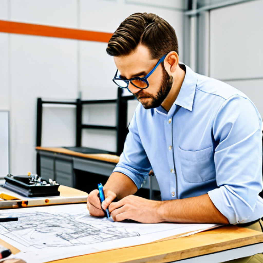 **
"A mechanical engineer, fully clothed in appropriate work attire (khaki pants, collared shirt, safety glasses), sketching a complex engine design on a large drafting table in a bright, modern workshop. Tools and blueprints are scattered neatly around the workspace. Safe for work, appropriate content, professional, perfect anatomy, correct proportions, natural pose, well-formed hands, proper finger count, high quality."
**
