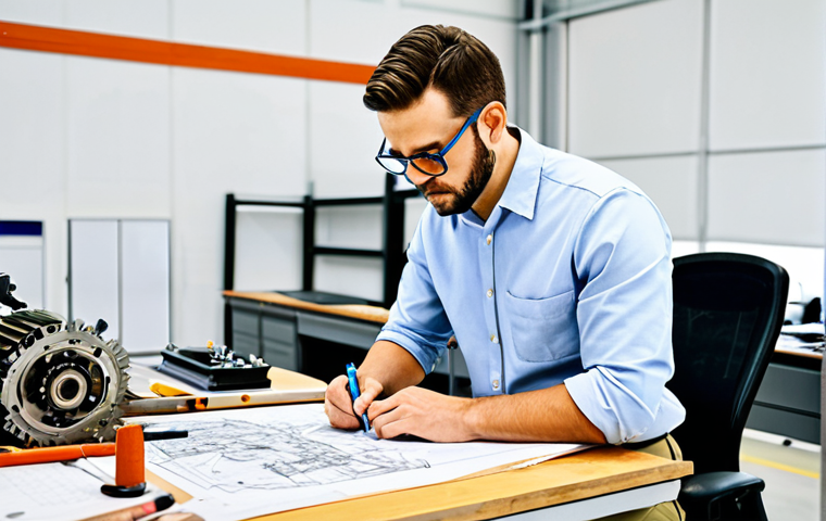 **

"A mechanical engineer, fully clothed in appropriate work attire (khaki pants, collared shirt, safety glasses), sketching a complex engine design on a large drafting table in a bright, modern workshop. Tools and blueprints are scattered neatly around the workspace. Safe for work, appropriate content, professional, perfect anatomy, correct proportions, natural pose, well-formed hands, proper finger count, high quality."

**