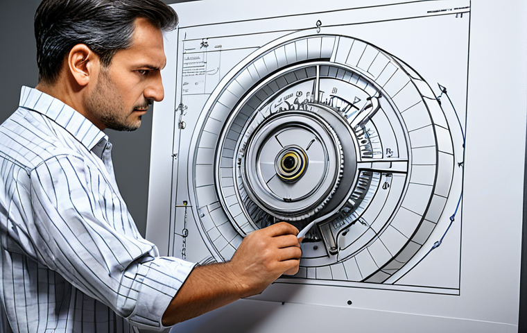 기계설계 도면 검토 방법 - "A skilled mechanical engineer in a professional setting, reviewing a complex technical drawing, ful...