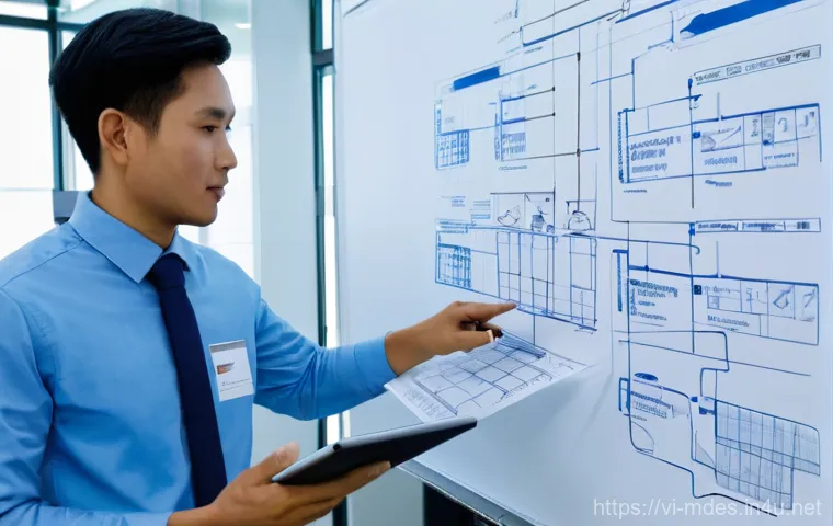 기계설계 도면 작성 실수 방지법 - **Focused Precision in Modern CAD Design**
    A highly detailed, professional image of a Vietnamese...