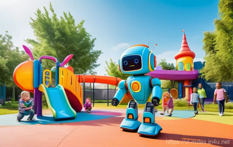 기계설계 교육 과정 비교 - A diverse group of cheerful children, aged 5-10, playing in a vibrant, futuristic park. They are all...