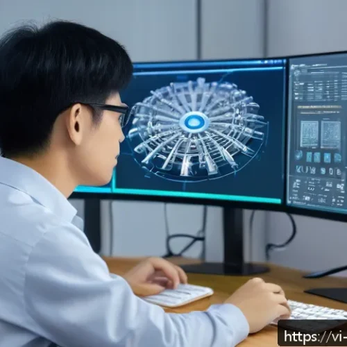 Home 33 기계설계 인공지능 활용 사례 - A modern Vietnamese mechanical engineering workspace featuring an engineer using AI-powered generati...
