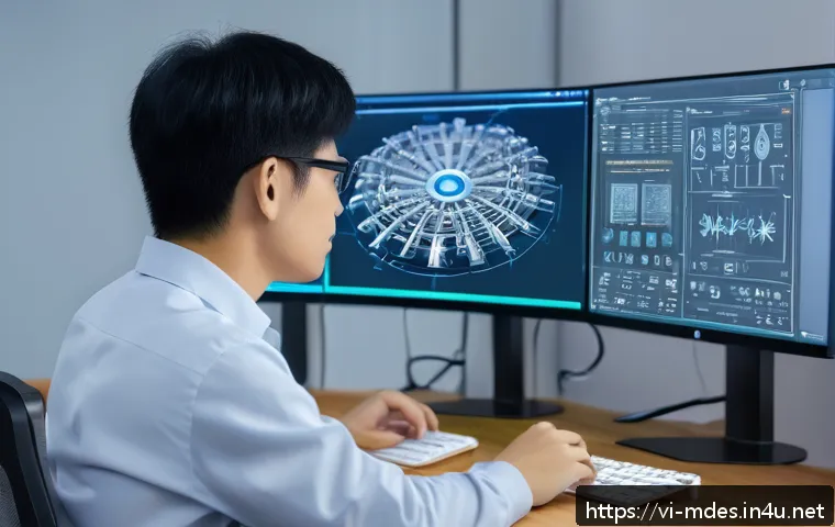 기계설계 인공지능 활용 사례 - A modern Vietnamese mechanical engineering workspace featuring an engineer using AI-powered generati...