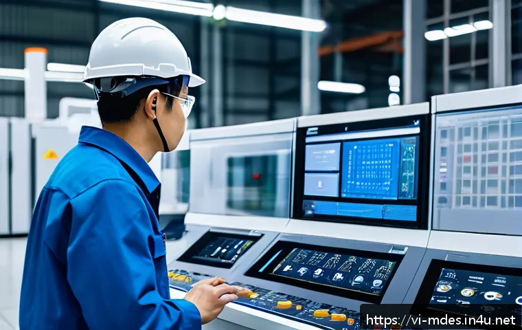 기계설계 산업 표준 규격 소개 - A modern industrial machine design workspace featuring engineers in professional safety gear examini...