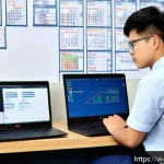Home 19 기계설계 자격증 시험 최신 경향 - A modern Vietnamese mechanical engineering exam setting featuring a young male candidate using Solid...