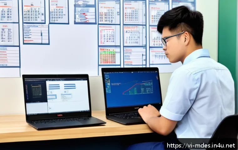 기계설계 자격증 시험 최신 경향 - A modern Vietnamese mechanical engineering exam setting featuring a young male candidate using Solid...