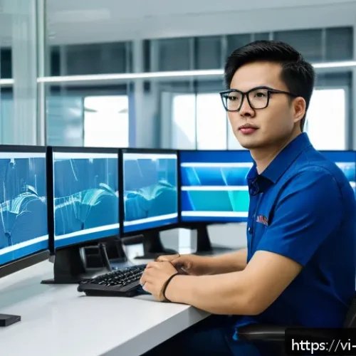 Home 17 기계설계디자이너 자격증 종류 - A modern Vietnamese mechanical engineer working diligently at a high-tech design workstation in a sl...