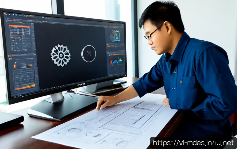 기계설계 관련 필수 소프트웨어 - Photorealistic Vietnamese mechanical engineer working at a clean modern desk in a Ho Chi Minh City d...